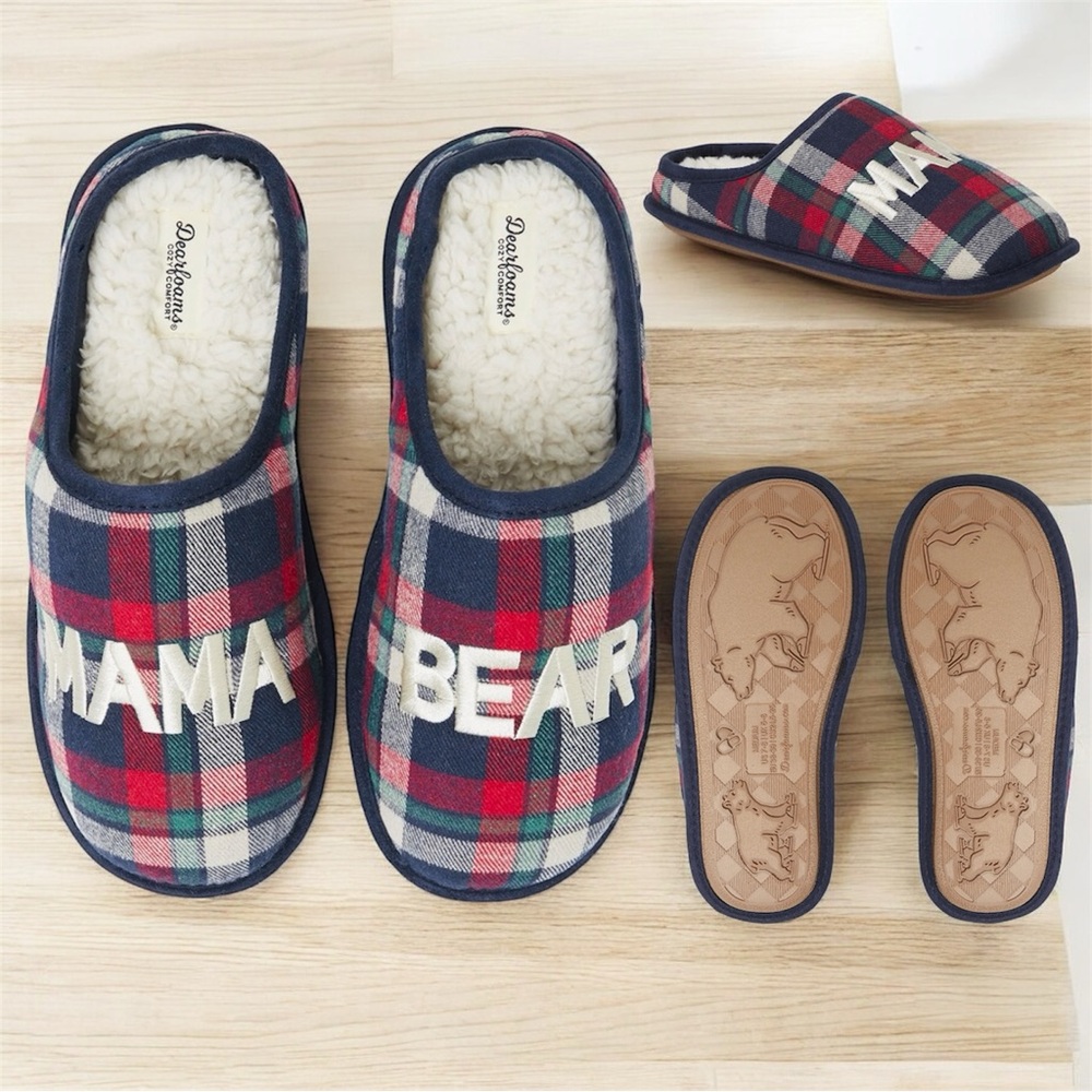 Dearfoams Plaid Mama Bear Slippers in Red and Blue